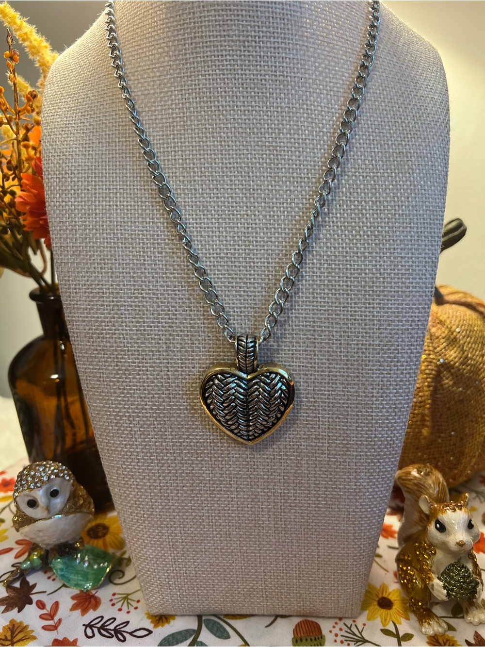 Silver-Tone Heart Pendant Necklace with Chevron Texture